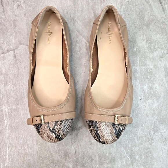 Cole Haan Ballet Flats Size 10 Tan Snake Print Preppy Dressy Ballerina Shoes - Picture 1 of 12